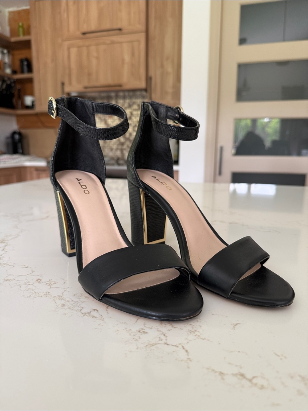 ALDO Black Open-Toe Block Heels with Gold Accent